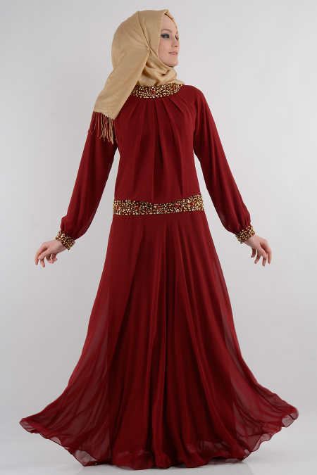 Nurdan - Yakası Taşlı Bordo Elbise