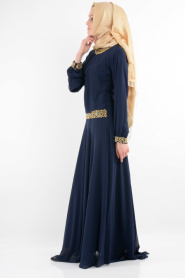 Nurdan - Yakası Taşlı Lacivert Elbise - Thumbnail