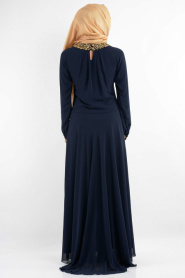 Nurdan - Yakası Taşlı Lacivert Elbise - Thumbnail