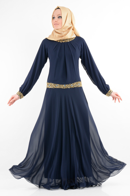 Nurdan - Yakası Taşlı Lacivert Elbise
