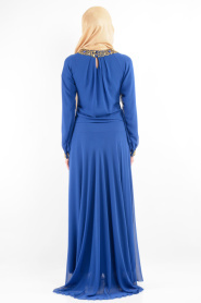 Nurdan - Yakası Taşlı Sax Mavi Elbise - Thumbnail