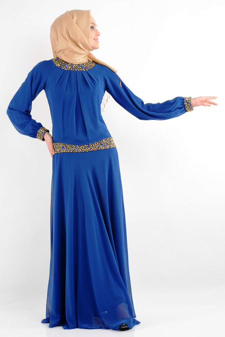 Nurdan - Yakası Taşlı Sax Mavi Elbise