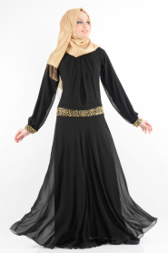 Nurdan - Yakası Taşlı Siyah Elbise - Thumbnail