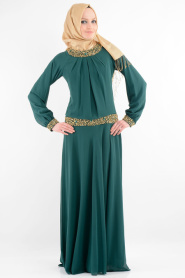 Nurdan - Yakası Taşlı Yeşil Elbise - Thumbnail