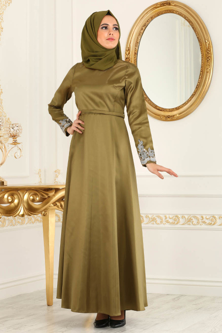 Neva Style - Luxury Oil Green Muslim Long Sleeve Dress 3516YY