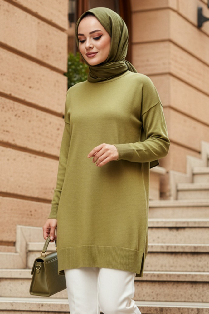 Oil Green Modest Knit Sweater Tunic 17203YY - 1