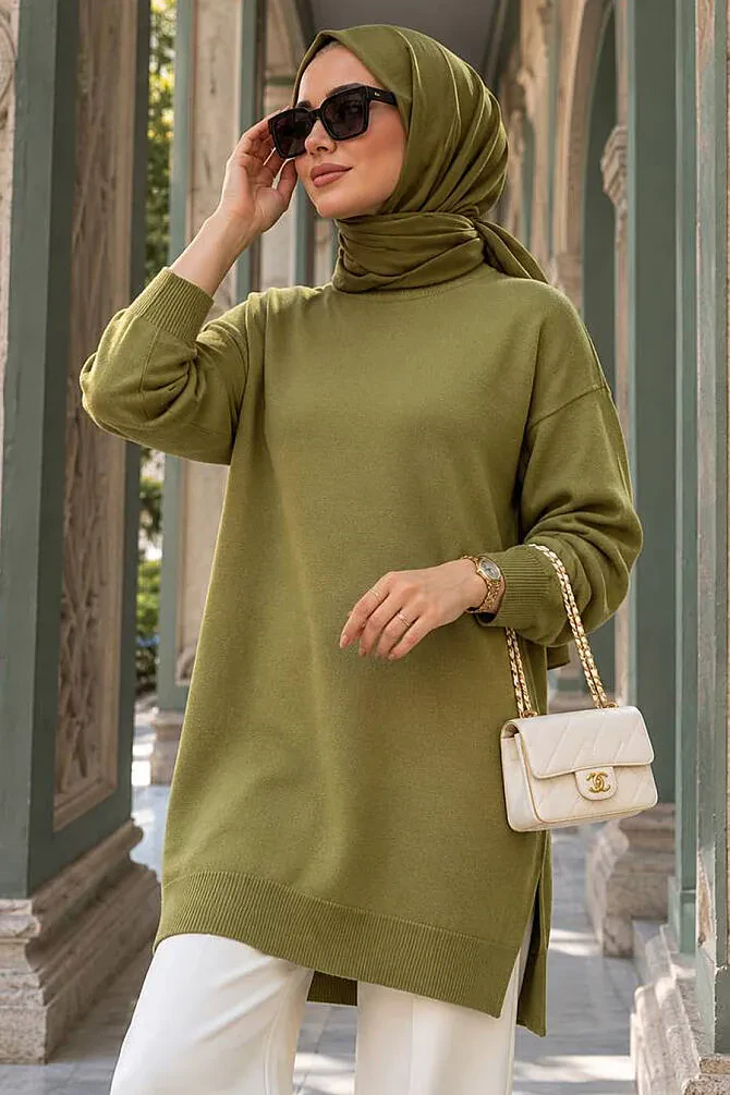 Oil Green Modest Knit Sweater Tunic 17203YY - 1