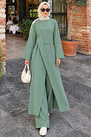 Ruched-Shoulder Tie-Detail Mint Modest Dress 6315MINT 