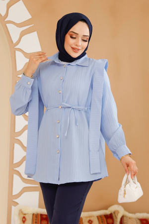 Omuzları Kuşak Detaylı Bebek Mavisi Tesettür Tunik 10131BM - 2
