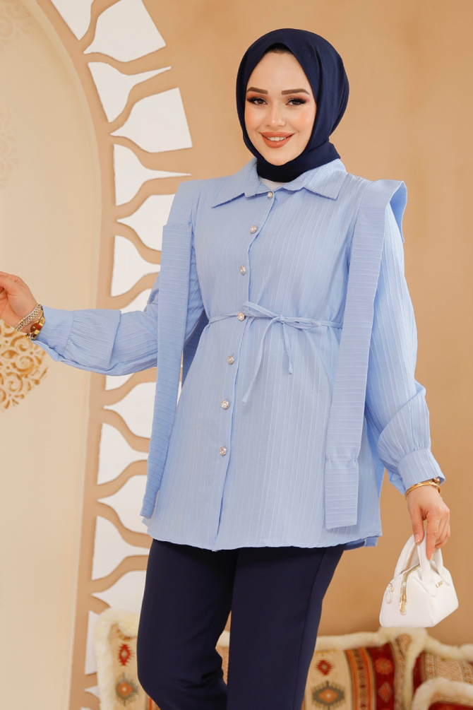 Omuzları Kuşak Detaylı Bebek Mavisi Tesettür Tunik 10131BM - 3