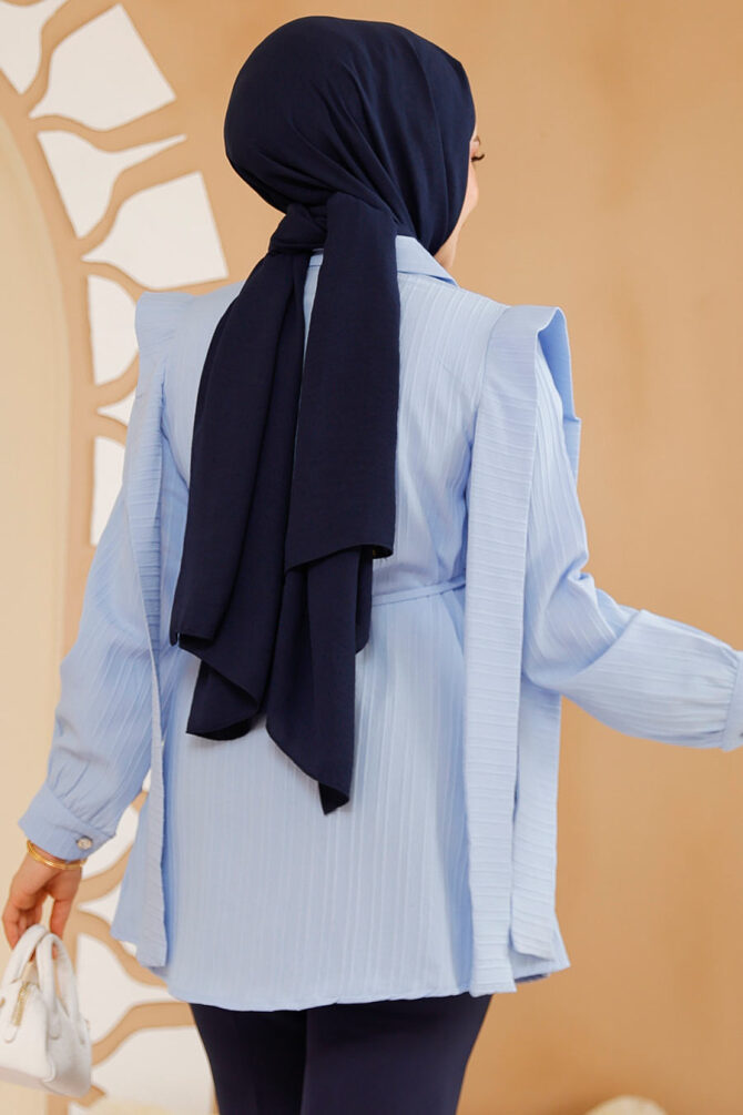Omuzları Kuşak Detaylı Bebek Mavisi Tesettür Tunik 10131BM - 4
