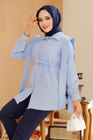 Omuzları Kuşak Detaylı Bebek Mavisi Tesettür Tunik 10131BM 