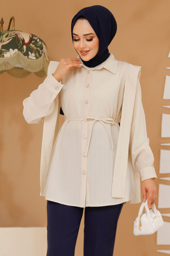 Omuzları Kuşak Detaylı Bej Tesettür Tunik 10131BEJ - 3