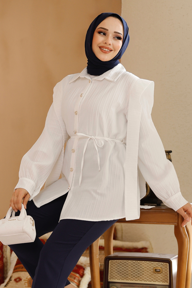 Omuzları Kuşak Detaylı Beyaz Tesettür Tunik 10131B - 3