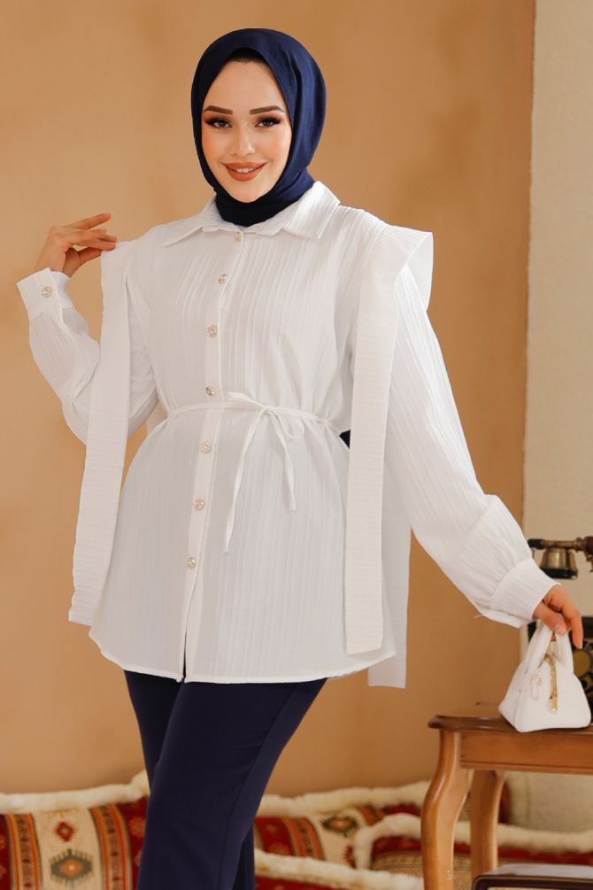 Omuzları Kuşak Detaylı Beyaz Tesettür Tunik 10131B - 2