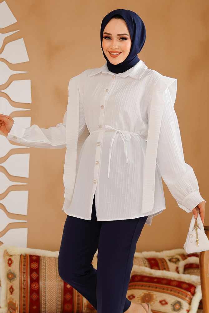 Omuzları Kuşak Detaylı Beyaz Tesettür Tunik 10131B - 4