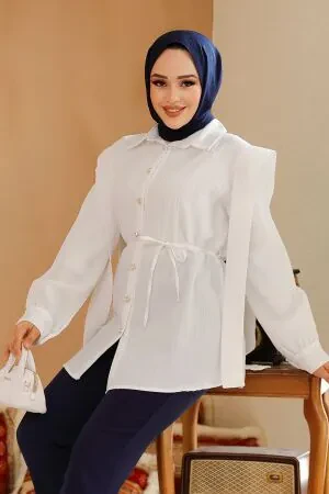 Omuzları Kuşak Detaylı Beyaz Tesettür Tunik 10131B 