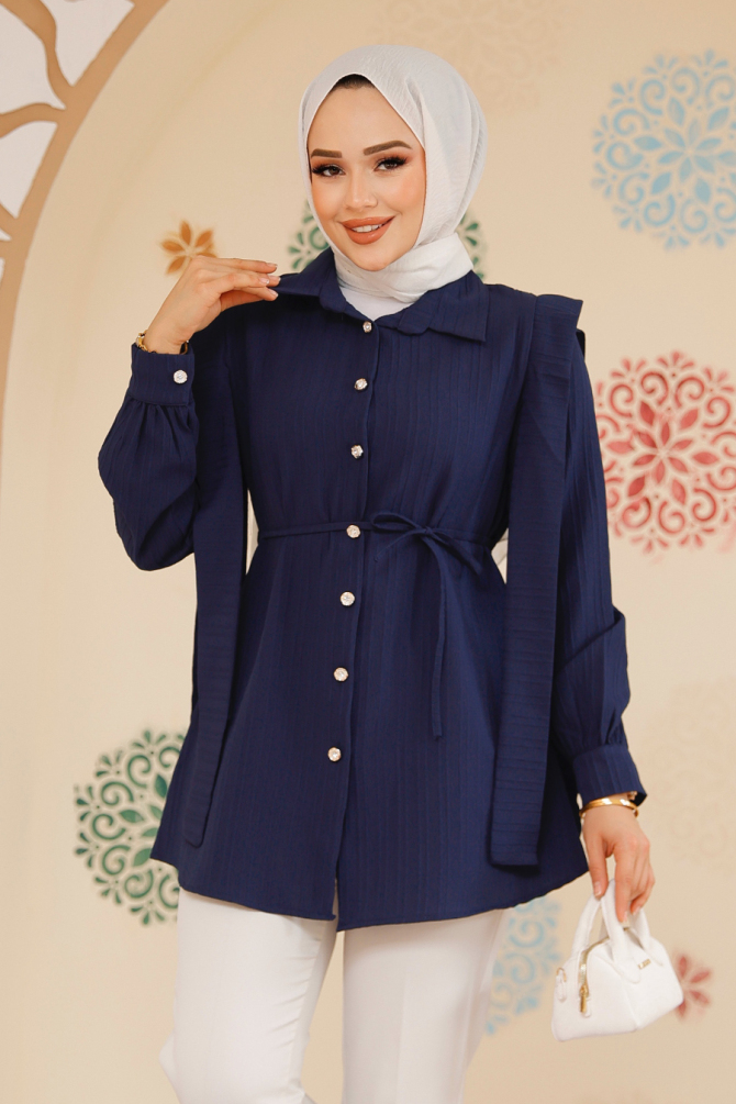 Omuzları Kuşak Detaylı Lacivert Tesettür Tunik 10131L - 3