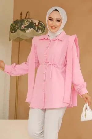 Omuzları Kuşak Detaylı Pembe Tesettür Tunik 10131P 