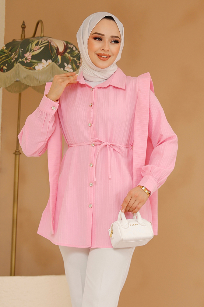Omuzları Kuşak Detaylı Pembe Tesettür Tunik 10131P - 2