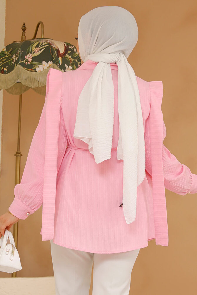 Omuzları Kuşak Detaylı Pembe Tesettür Tunik 10131P - 4