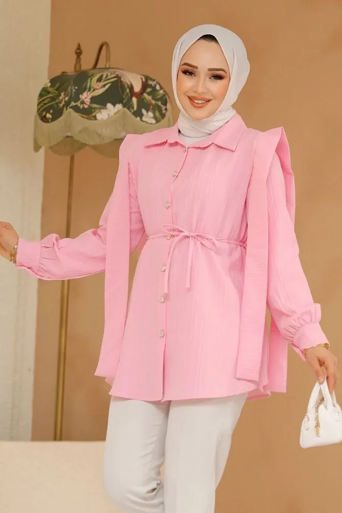 Omuzları Kuşak Detaylı Pembe Tesettür Tunik 10131P - 1