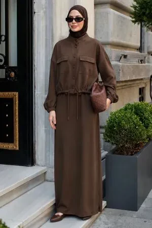 Önü Cepli Kahverengi Tesettür Etekli Takım 1359KH 
