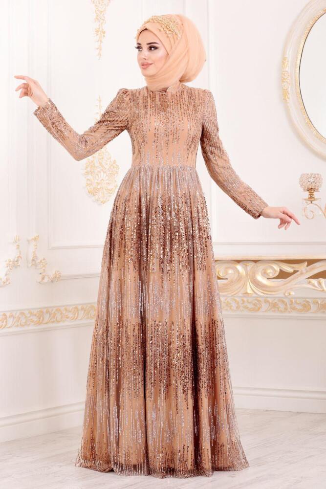 Or-Tesettürlü Abiye Elbise -Robe de Soirée Hijab 2083GOLD - 1