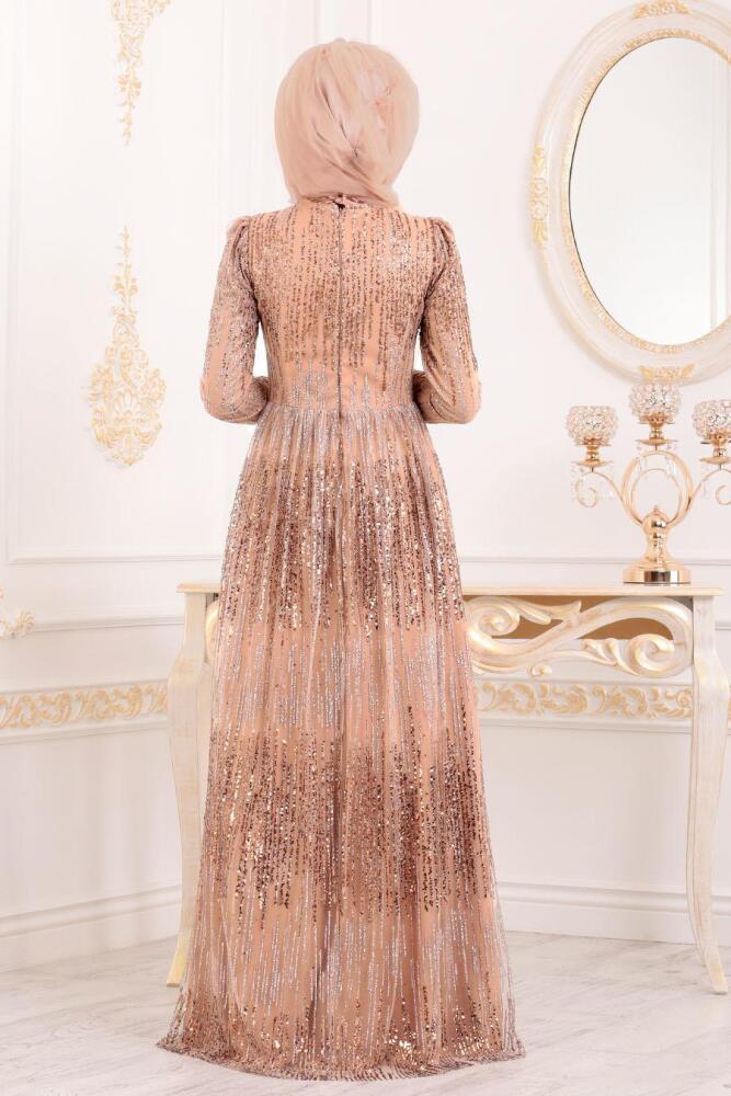 Or-Tesettürlü Abiye Elbise -Robe de Soirée Hijab 2083GOLD - 4