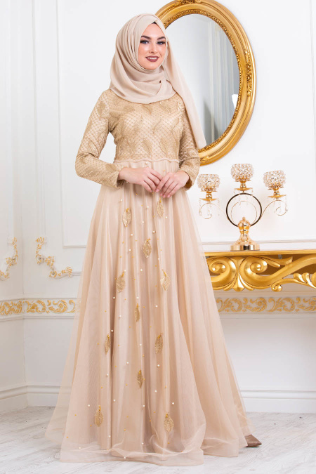 Or-Tesettürlü Abiye Elbise - Robe de Soirée Hijab 3122GOLD