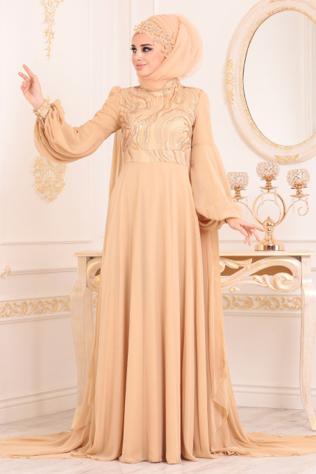 Or-Tesettürlü Abiye Elbise - Robe de Soirée Hijab 3726GOLD