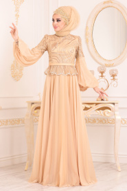 Or-Tesettürlü Abiye Elbise -Robe de Soirée Hijab 3731GOLD - Thumbnail