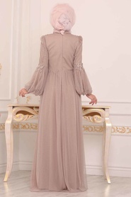 Or - Tesettürlü Abiye Elbise - Robe de Soirée Hijab - 3908GOLD - Thumbnail
