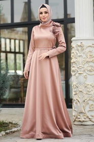 Or - Tesettürlü Abiye Elbise - Robe de Soirée Hijab - 39620GOLD - Thumbnail