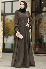 Or - Tesettürlü Abiye Elbise - Robe de Soirée Hijab - 3966GOLD - Thumbnail