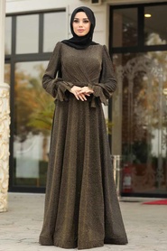 Or - Tesettürlü Abiye Elbise - Robe de Soirée Hijab - 3966GOLD - Thumbnail