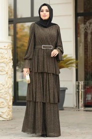 Or - Tesettürlü Abiye Elbise - Robe de Soirée Hijab - 40191GOLD - Thumbnail