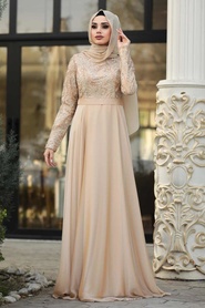 Or-Tesettürlü Abiye Elbise - Robe de Soirée Hijab 8495GOLD - Thumbnail