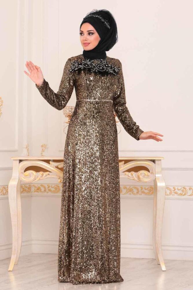 Or - Tesettürlü Abiye Elbise - Robe de Soirée Hijab - 86010GOLD - 1