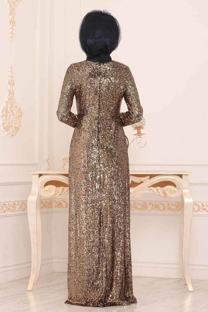 Or - Tesettürlü Abiye Elbise - Robe de Soirée Hijab - 86010GOLD - 2