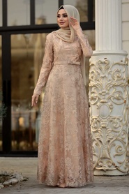 Or - Tesettürlü Abiye Elbise - Robe de Soirée Hijab - 8681GOLD - Thumbnail