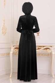 Or - Tesettürlü Abiye Elbise - Robe en velours hijab - 8737GOLD - Thumbnail