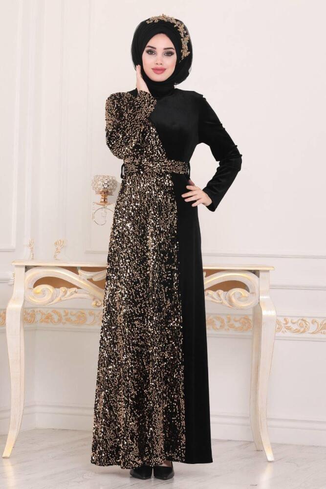 Or - Tesettürlü Abiye Elbise - Robe en velours hijab - 8738GOLD - 1