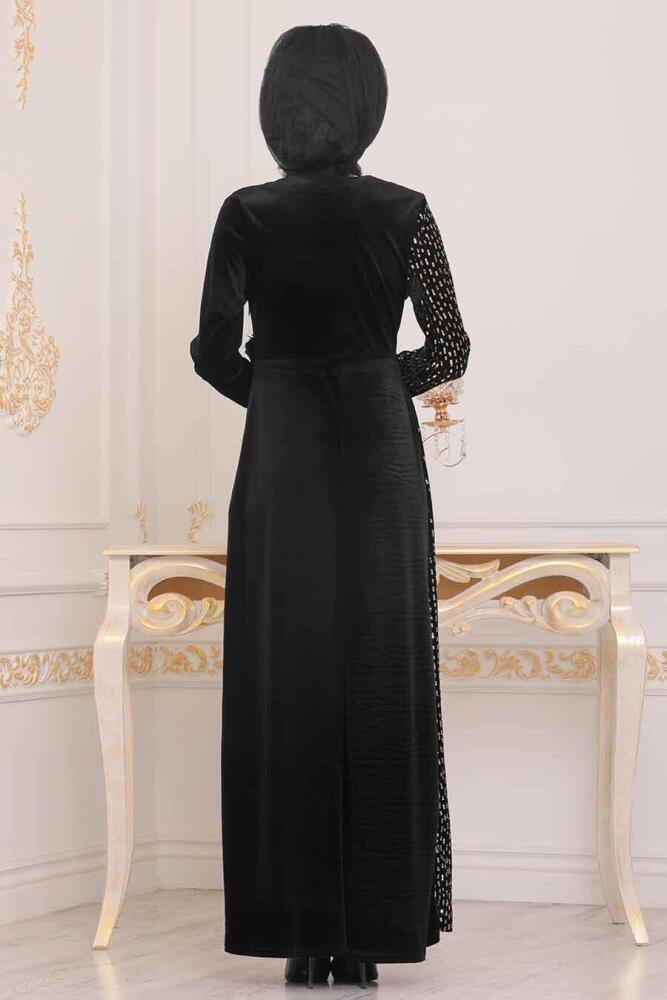 Or - Tesettürlü Abiye Elbise - Robe en velours hijab - 8738GOLD - 2