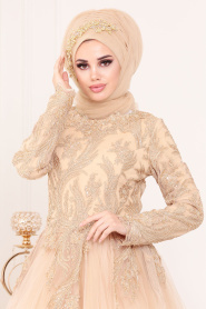Or - Tesettürlü Abiye Elbise - Robes de Soirée Hijab 4689GOLD - Thumbnail