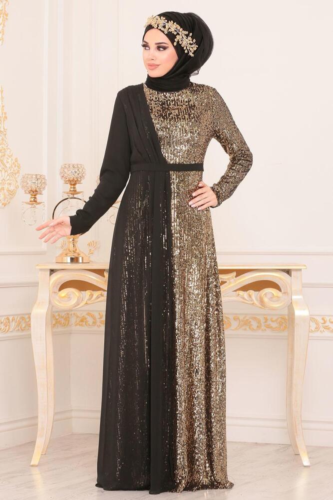 Or - Tesettürlü Abiye Elbise - Robes de Soirée Hijab 85590GOLD - 1