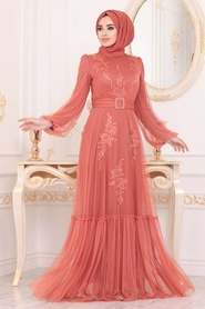 Orange Hijab Evening Dress 40431T - Thumbnail