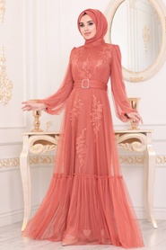 Orange Hijab Evening Dress 40431T - Thumbnail