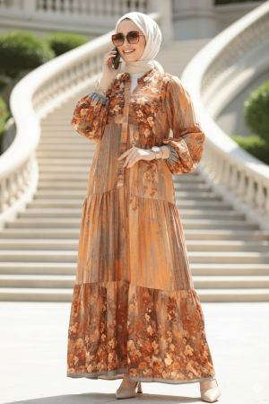 Orange Modest Floral Long Dress 18235T - 1
