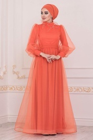 Orange - Tesettürlü Abiye Elbise - Robe de Soirée Hijab - 40701T - Thumbnail